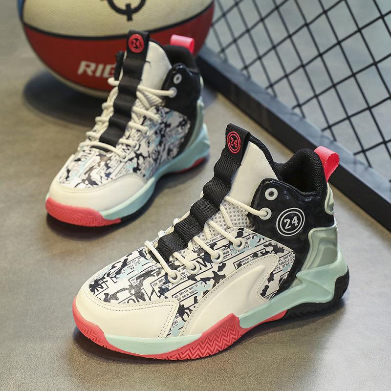 Children's basketball shoes spring and autumn new leather waterproof boys' sports shoes friction sound youth training shoes
