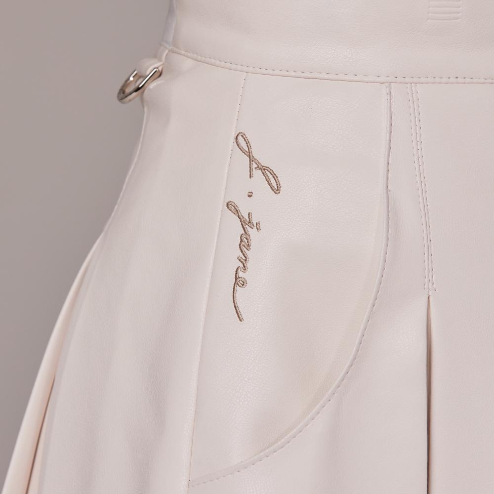 J.JANE Wide Pleated Leather Skirt (Ivory)