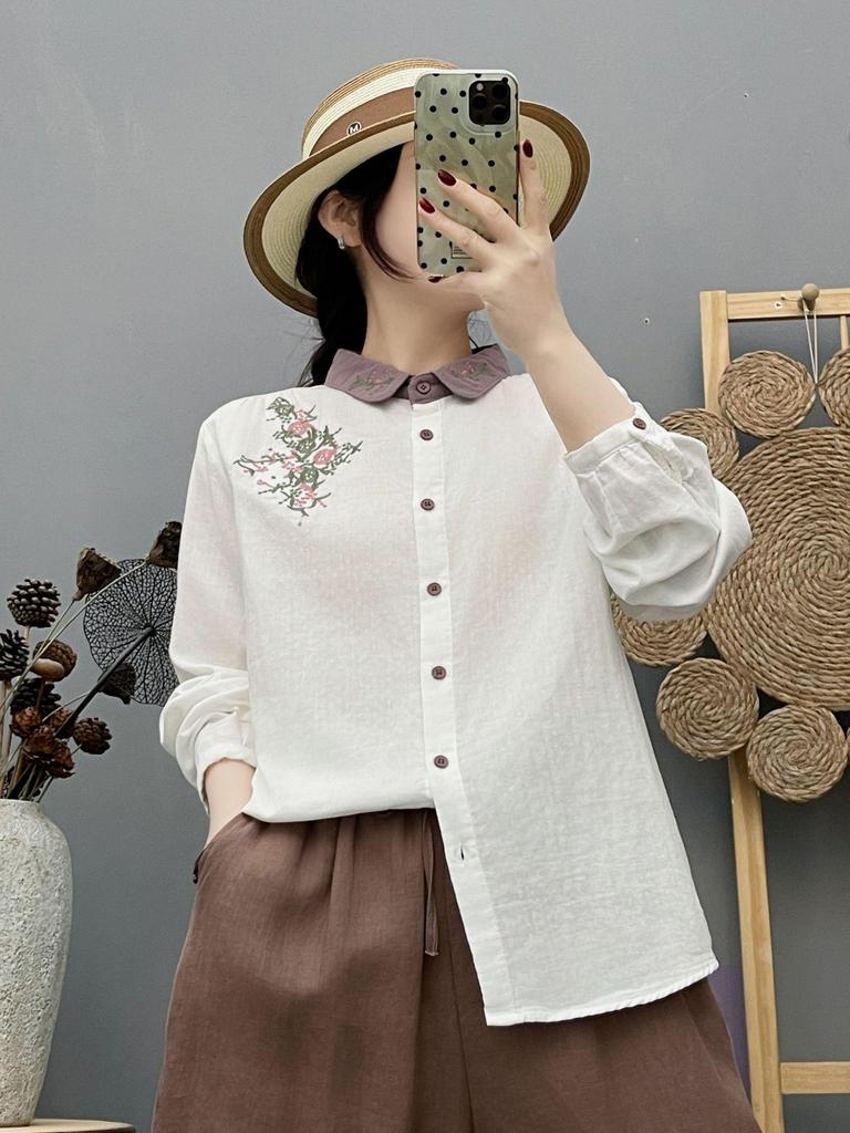 Women's Retro Embroidered Collar Double-Layer Cotton Long-Sleeve Shirt, Spring 2026 Collection - Soft, Skin-Friendly, and Breathable