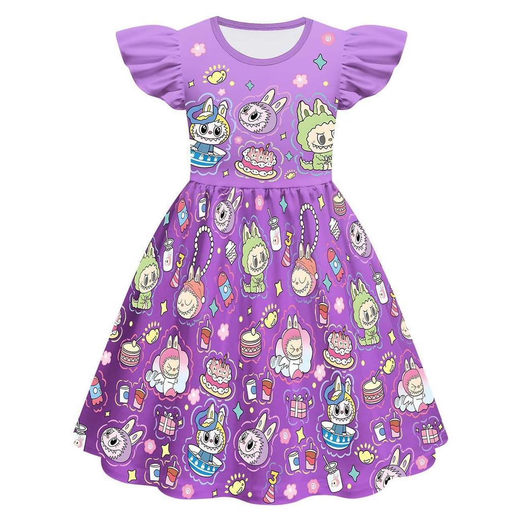 New Children'S Dress Cosplay Labubu Girls Flying Sleeve Skirt 3D Digital Printing