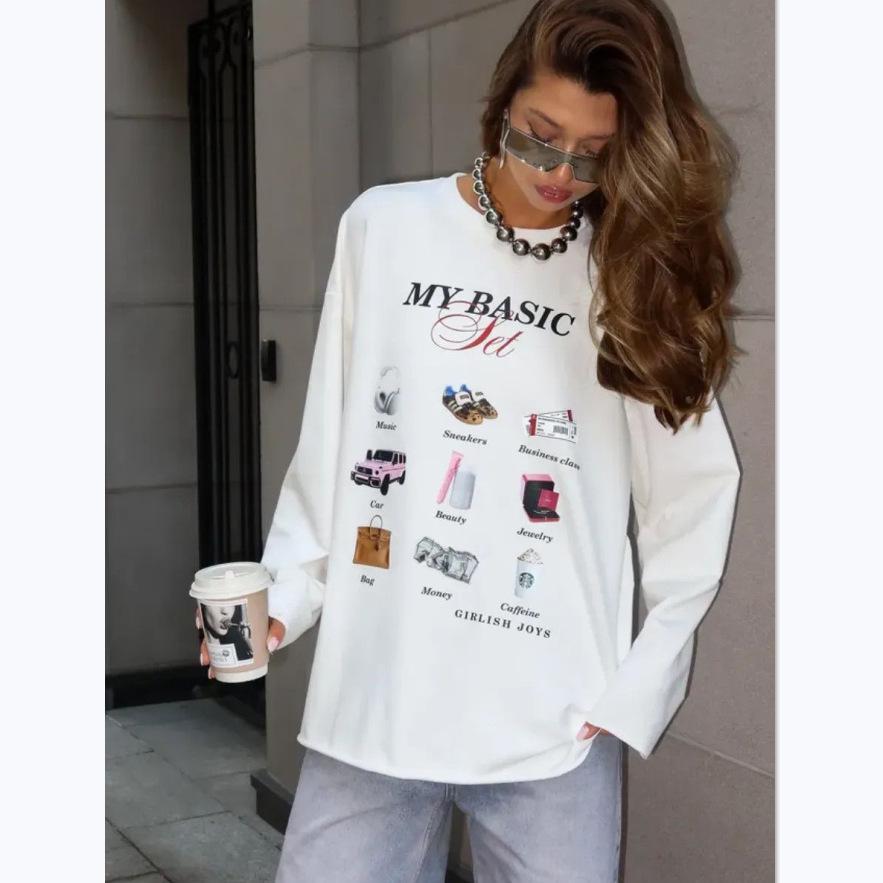 2025 Early Autumn Trendy Loose-Fit Long-Sleeve T-Shirt for Women - European & American Style, Pure Cotton, Fun Print