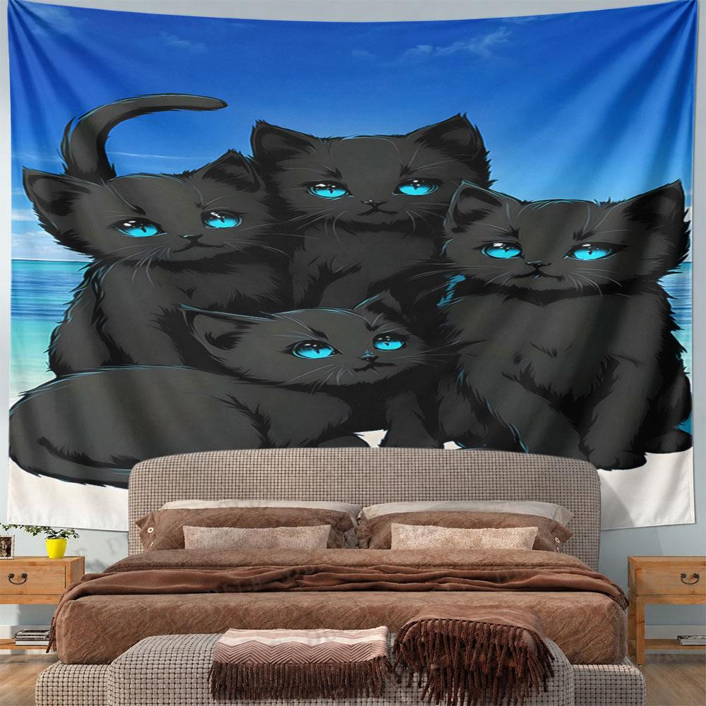 "Black Cats with Blue Eyes on Beach" Pattern Wall Hanging Tapestry Decorative Tapestry Home Decor for Bedroom and Living Room