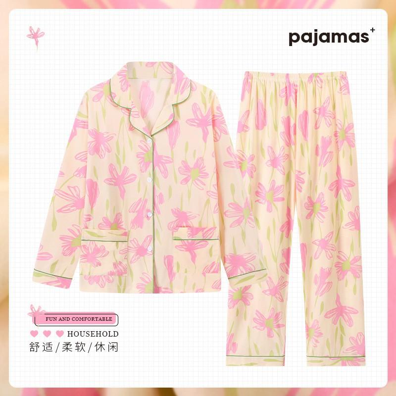 Womens Long Sleeve Pajama Set Faux Cotton Loungewear Ladies Thin Breathable Sleepwear Casual Home Wear