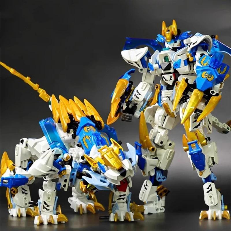 Transforming Robot Building Blocks Chinese Mythical Beast Model CyanDragon White Tiger Rosefinch Figure Children's Assembly Toy