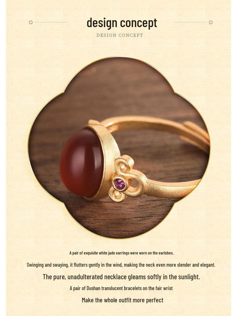 Antique Gold Inlaid Red Agate Open Ring – Versatile Ladies Design