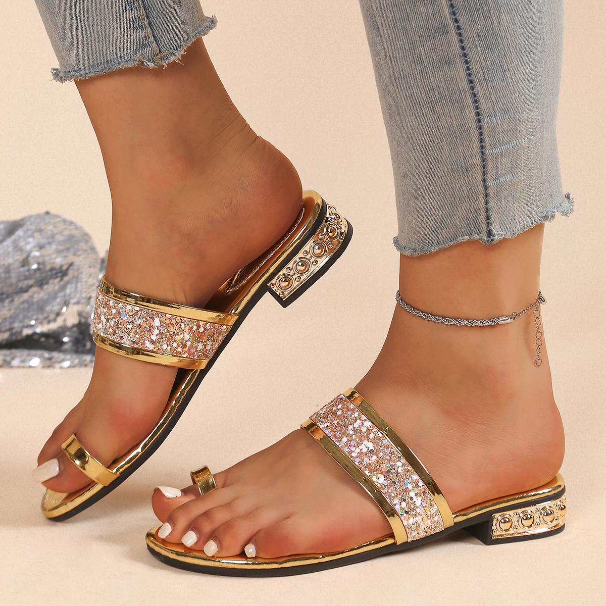 

Модные летние женские плоские шлепанцы Легкие трендовые сандалии со стразами Пляжные нарядные шлепанцы Слипоны Блестящие повседневные туфли Слайды Женские 36