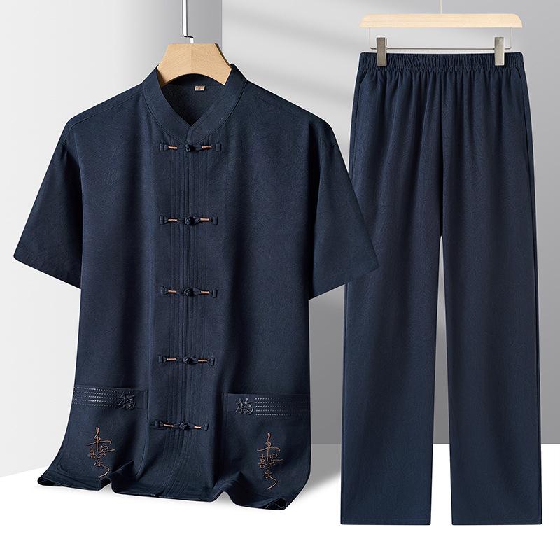 Men's Chinese Style Cotton Linen Short-Sleeved Tang Suit Set for Middle-Aged and Elderly