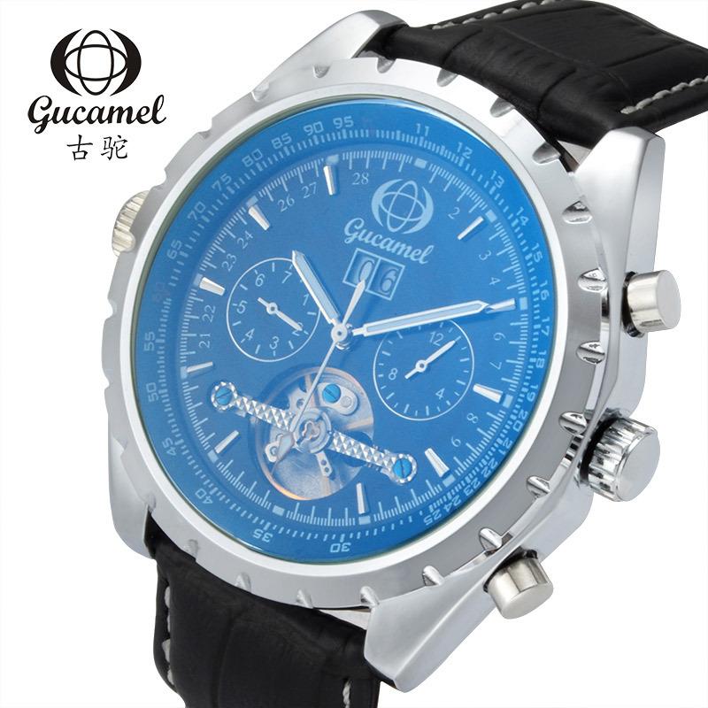 

GUCAMEL Механические часы сзади со светящимся дисплеем и турбийоном Мужские спортивные часы с ремнем Мужские часы