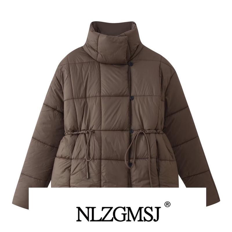 2025 Winter European Style Quilted Belted Waist-Cinching Cotton Jacket Medium коричневый