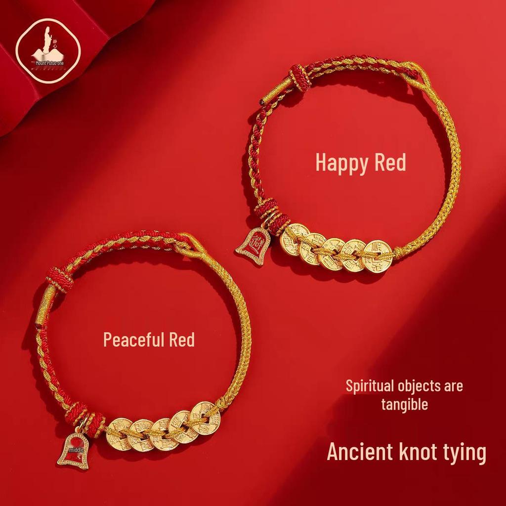 Bransoletka z Czerwonego Sznurka z Monetą Pięciu Cesarzy z Putuoshan – Ręcznie Pleciona Lina na Szczęście, Unisex Prezent.
