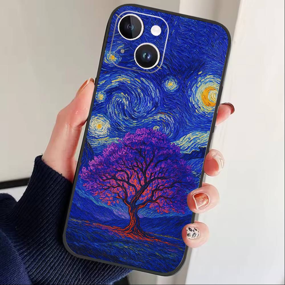 Starry Night Whimsical landscape Phone Case For iPhone 16,15,14,13,12,17,Pro Max,Plus Silicone Black Case
