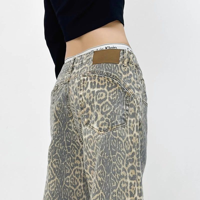 Retro Leopard High Waist Baggy Jeans Women's Casual Pockets Hip-hop Pants Spring Y2K Oversiz Panther Denim Trouser