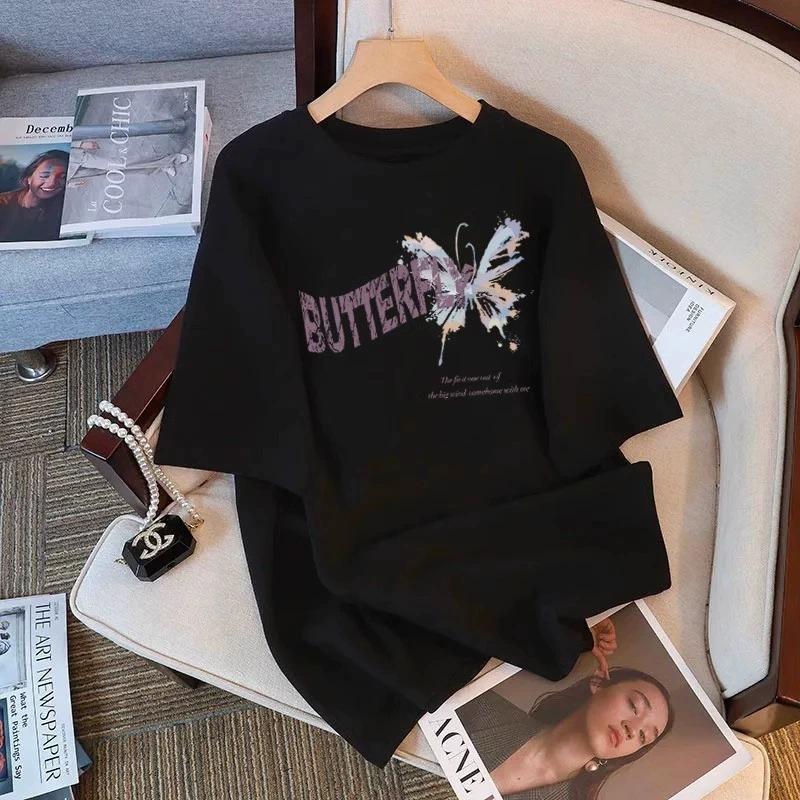 Butterfly Printed Cotton Short-sleeved T-shirt Women's Summer New Design Sense Fashionable Versatile Large-size Half-sleeved Top