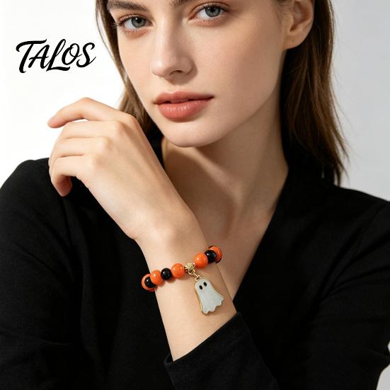Halloween Elastic Beaded Bracelet for Women, Orange Black Beads Stretch Stylish Holiday Accessory Girls with Ghost Charm, Stackable Party Handmade