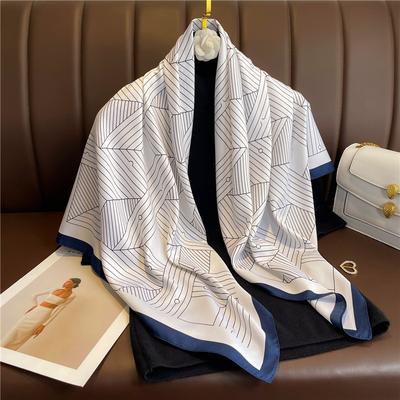 90X90Cm Women  Summer Twill Silk Square Scarf Big Shawl Fashion Luxury Geometric Minimalist Print Design Headscarf Scarves