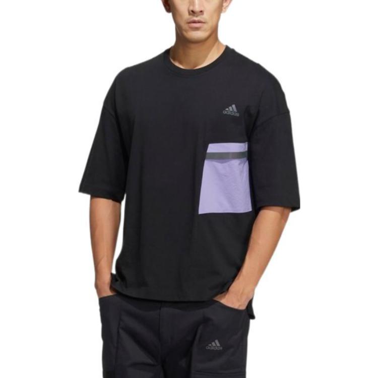 Adidas Logo Patchwork Crew Neck Short Sleeve T-Shirt Unisex Tops Black HE7346