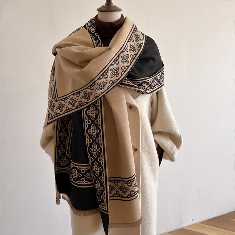 Autumn And Winter Imitation Cashmere Scarf Women'S Color Matching Ethnic Style Dual-Purpose Air Conditioner Shawl Student Scarf Decoration Outside