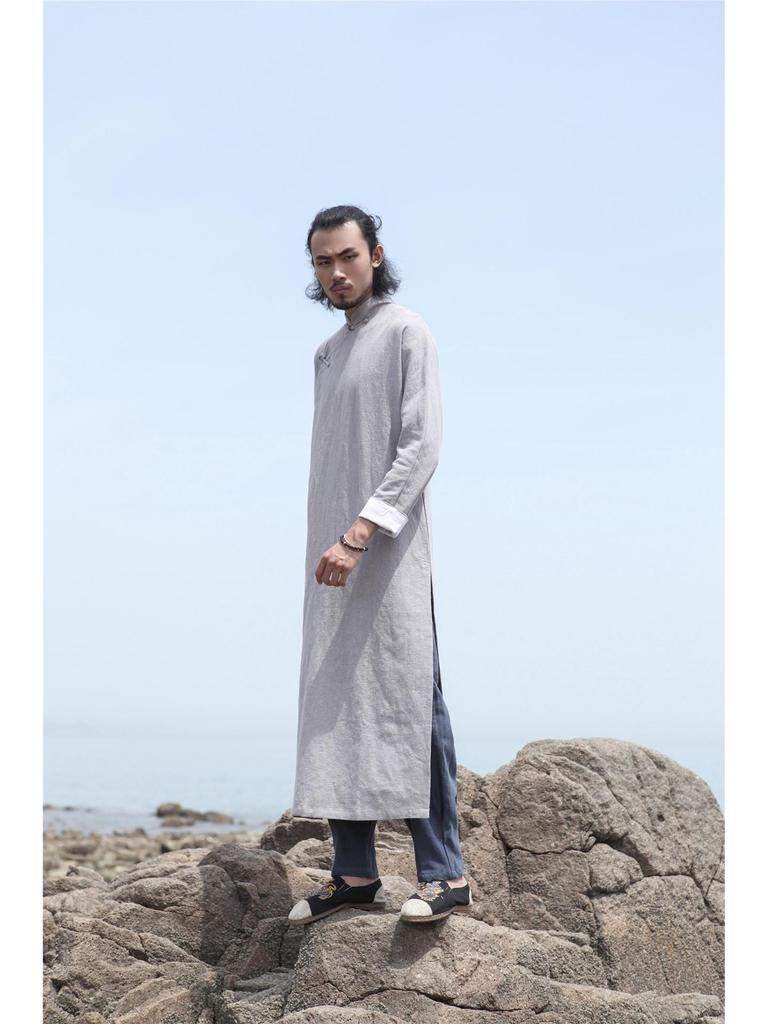 Ležérní dlouhé šaty Hanfu ve stylu éry Republiky, taoistický lněný župan s pan sponou a měděnými knoflíky