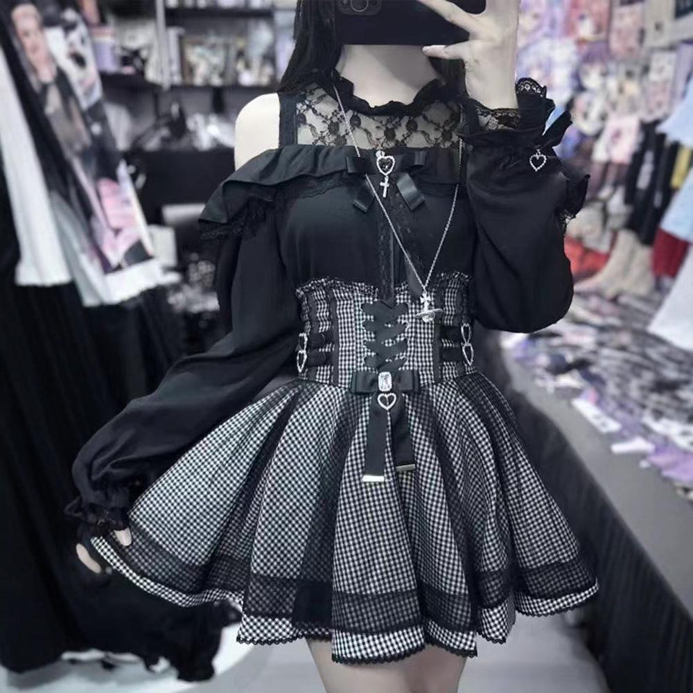 2025 Spring/Autumn Japanese-Style Elegant Off-Shoulder Top and High-Waisted Skirt Set for Young Ladies
