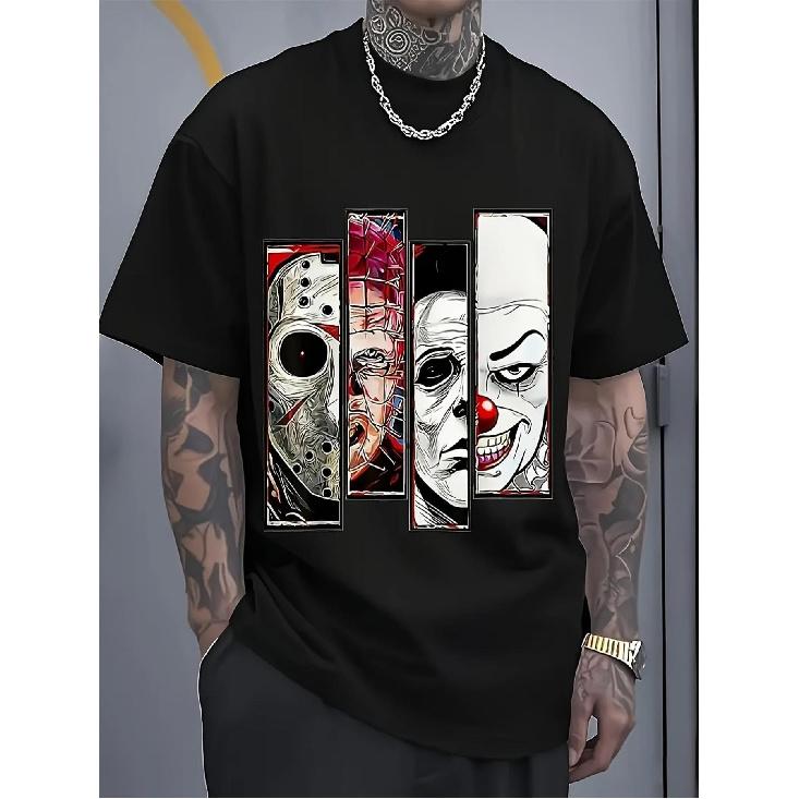Men's Gothic Skull Portrait Graphic T-Shirt - 220gsm Heavyweight Short Sleeve Tee with Jason Voorhees, Freddy Krueger and Pennywise Heat Transfer