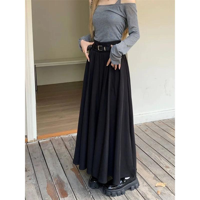 Women High Waist Jupe Korean Pleating Swing Skirt Vintage Fashion Spring Office Falda Holiday Loose Solid Long Skirt