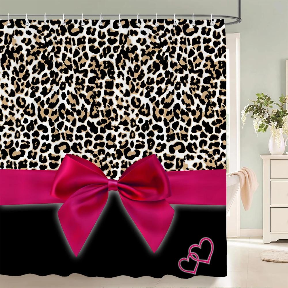 1 Pc Modern Bowknot Leopard Pattern Shower Curtains With Hooks Bathroom Curtains Printing Shower Curtain Home Decor Curtain