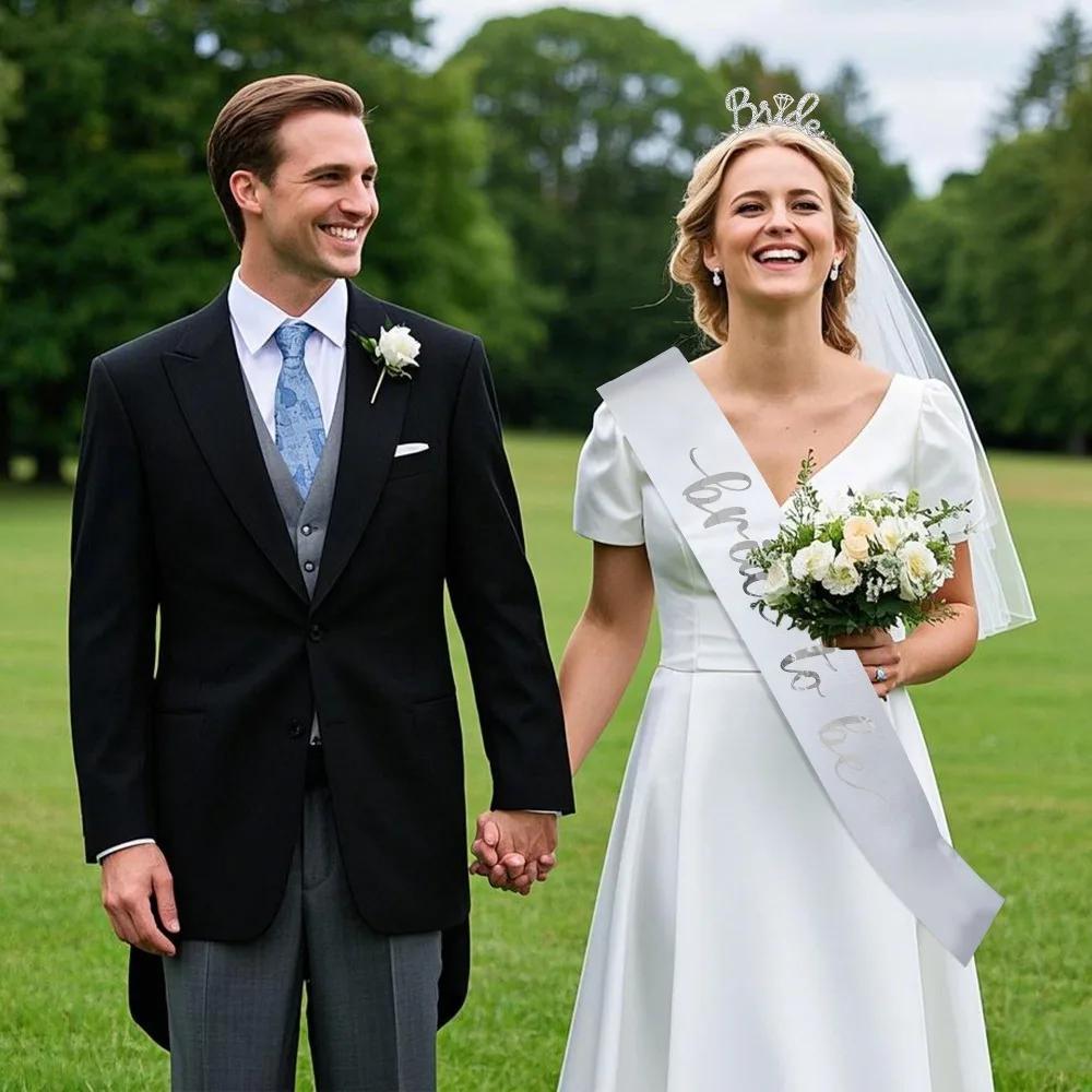 Bridal Party Set Of 3 Accessories Bride Sash With Tiara And Veil For Bachelorette Wedding Shower Decorations