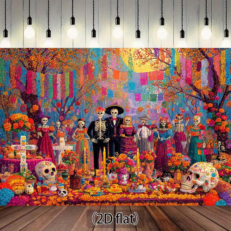 

2D Mexican Día de los Muertos Backdrop, Colorful Papel Picado & Sugar Skulls Photography Background 47.2x31.5inch/120*80cm