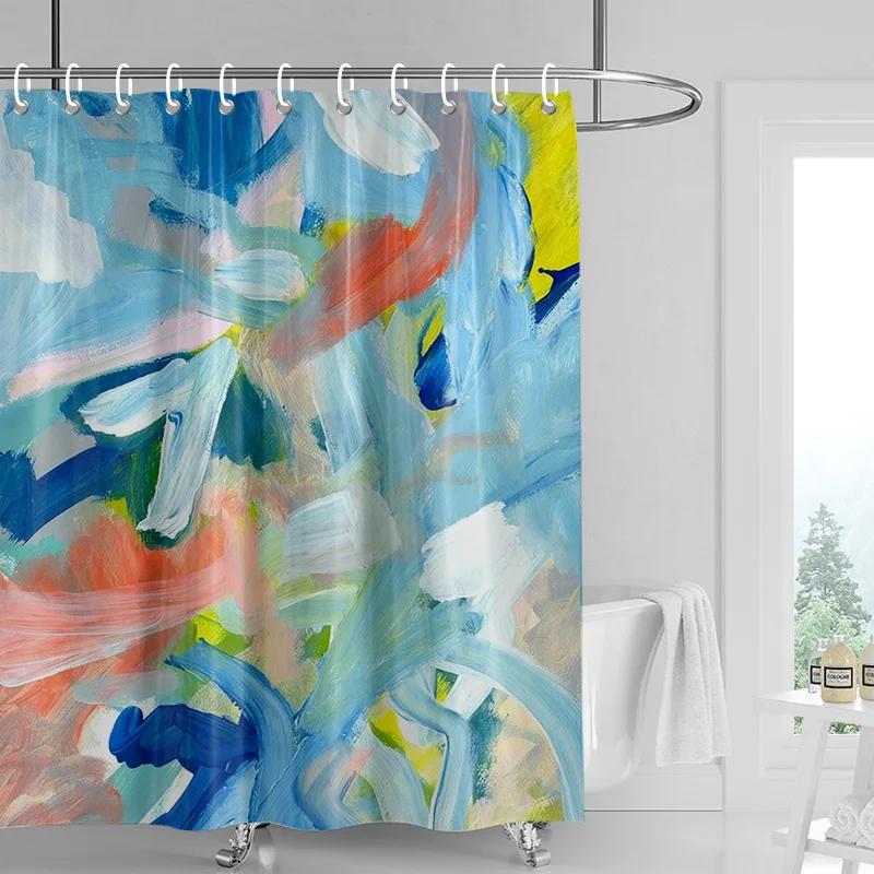 

Abstract Arms & Orb Shower Curtain - Orange, White & Blue Geometric Design, Waterproof With Grommets, Modern Bathroom Decor W60H190(CM)-1 Pcs