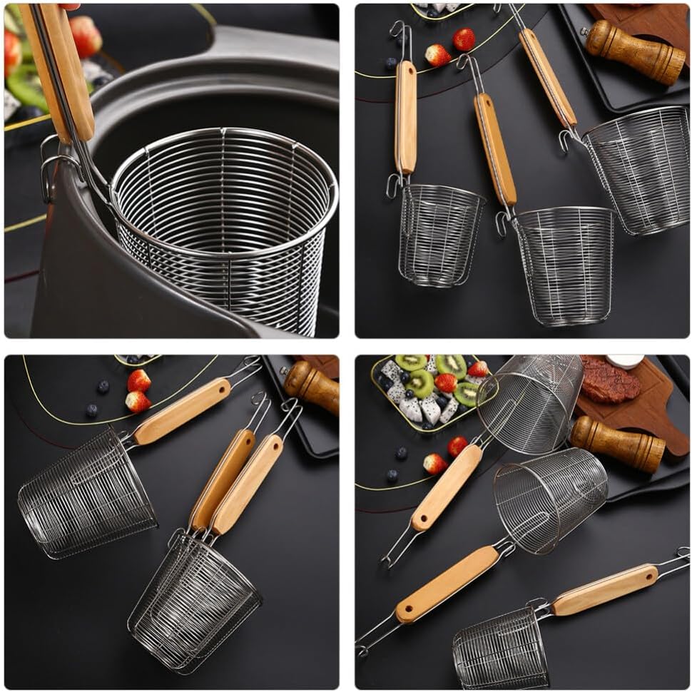 2pcs Kitchen Spider Strainer, Mesh Pasta Basket with Wooden Handle Stainless Steel Mesh Strainer Basket Mesh Spider Strainer for Pasta, Noodles,