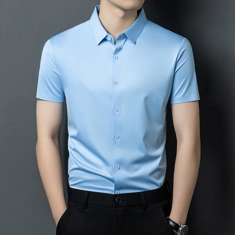 2026 Men's Seamless Ice Silk Stretch Short Sleeve Shirt - Business Casual, Non-Iron, Solid Color