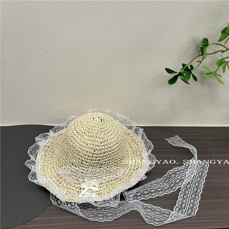 Bow lace streamer straw hat women's summer beach vacation sunshade sunscreen foldable sun hat parent-child hat