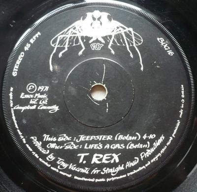 Disque 7 pouces T. REX  Jeepster  Lifes A Gas BUG16 FLY RECORDS 1971 UK Rock Occasion