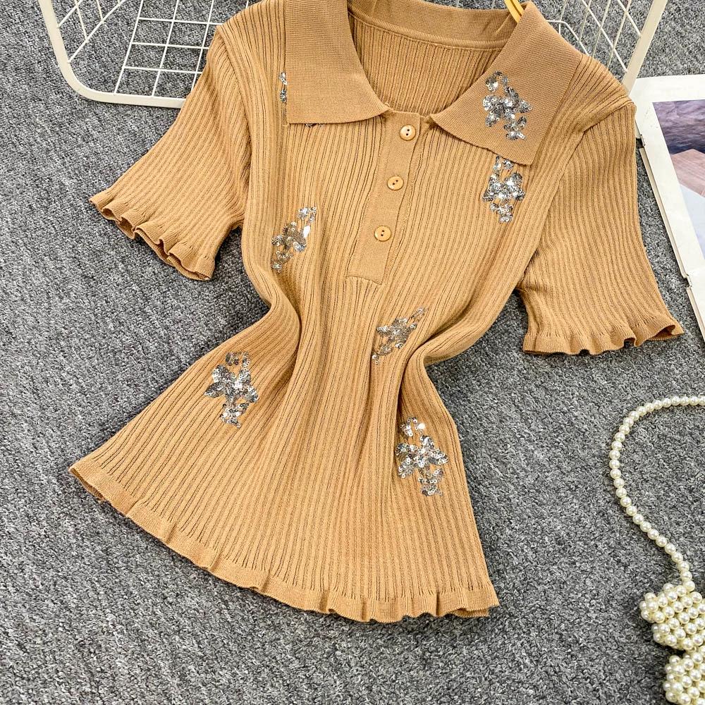 Summer Women Polo Collar Short Sleeve Sequined Flower Knitted Sweater Pullover Tops For Student Girls