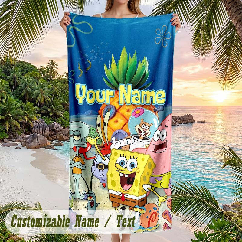 SpongeBob Beach Towel, Personalized Custom Text, Quick Dry Soft Large Towel For Swimming Pool Travel