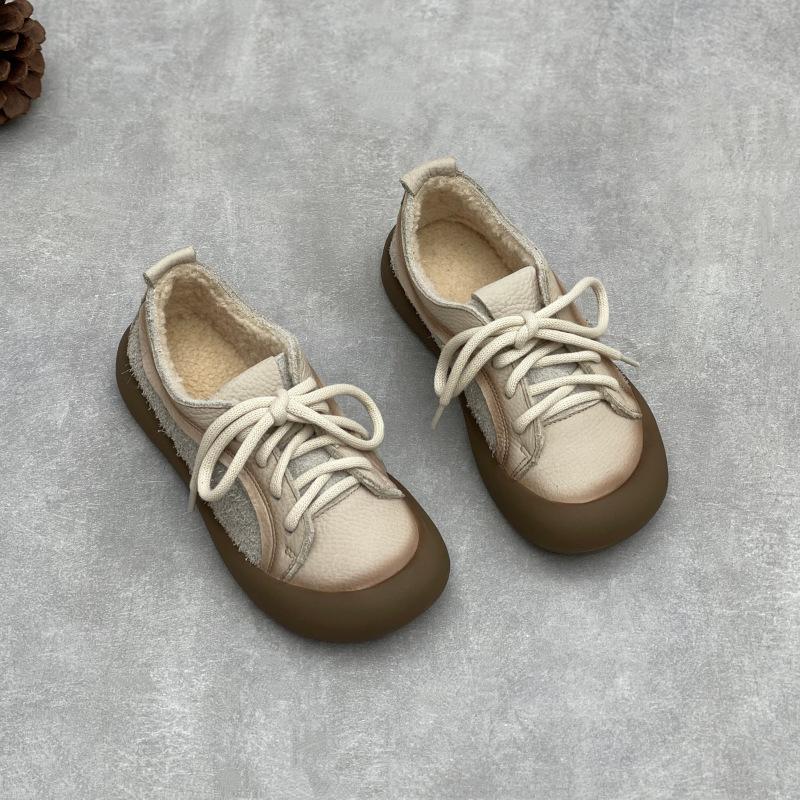 Johnature Retro Flats Genuine Leather Plush Warm Cotton Shoes Cow Leather Thick Soled Women's Shoes