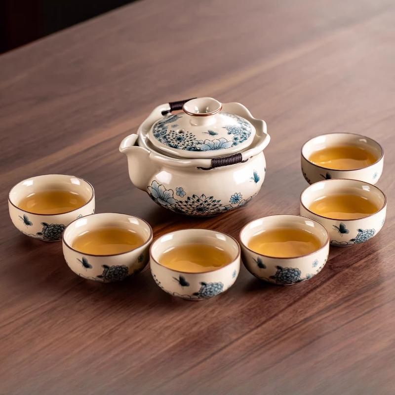 

Ru Kiln Butterfly Tea Set Chinese Style Hand-held Teapot Household Ceramic Tea Maker Kung Fu Teaset Tea Ceremony Accessories