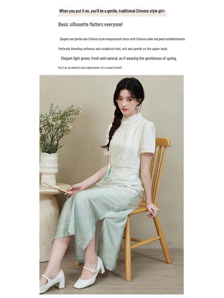 Elegant Summer Women's Qipao Dress - Short Sleeve Gradient Jade