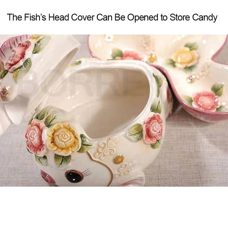 BORREY 3D Relief en céramique poisson rouge bonbons collations assiette réservoir de stockage de sucre plateau de fruits décoration de la maison œuvre d'art cadeau de mariage d'anniversaire