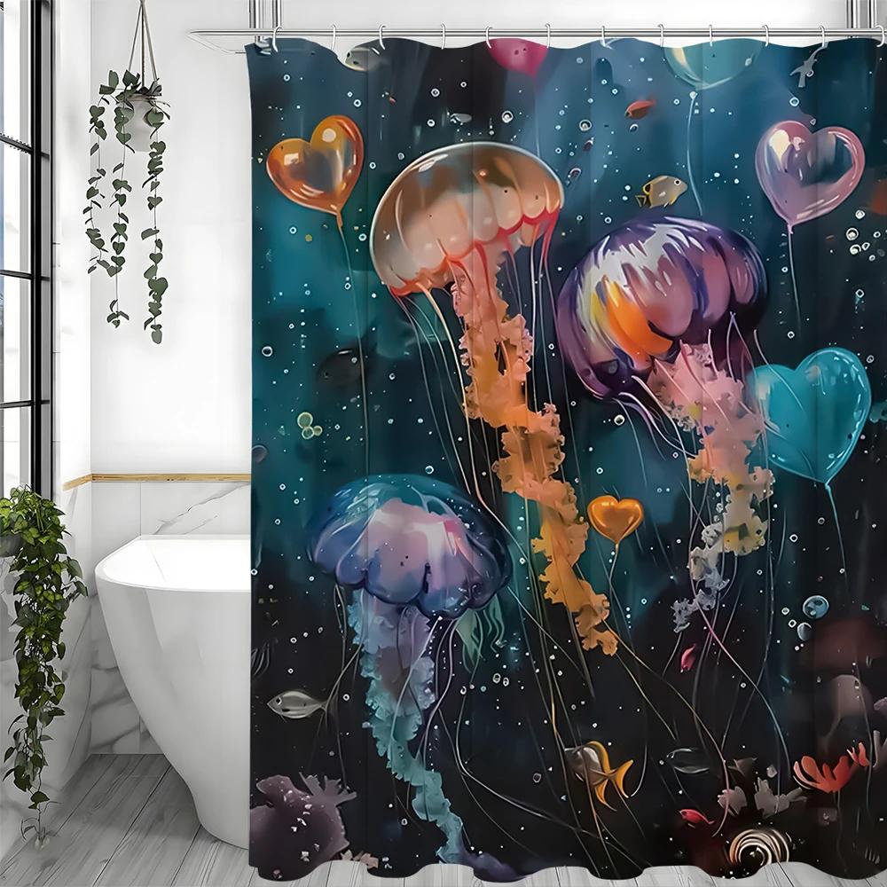 Fantasy Jellyfish Love Shower Curtain, Bathroom Decorative Shower Curtain, Waterproof Shower Curtain with Hooks