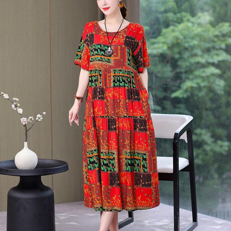 Women's Mid-length Dress,summer Dress for Mothers,cotton Silk Knee-length Dress,middle-aged Women's Dress,plus-size Short-sleeved Beach Dress Women