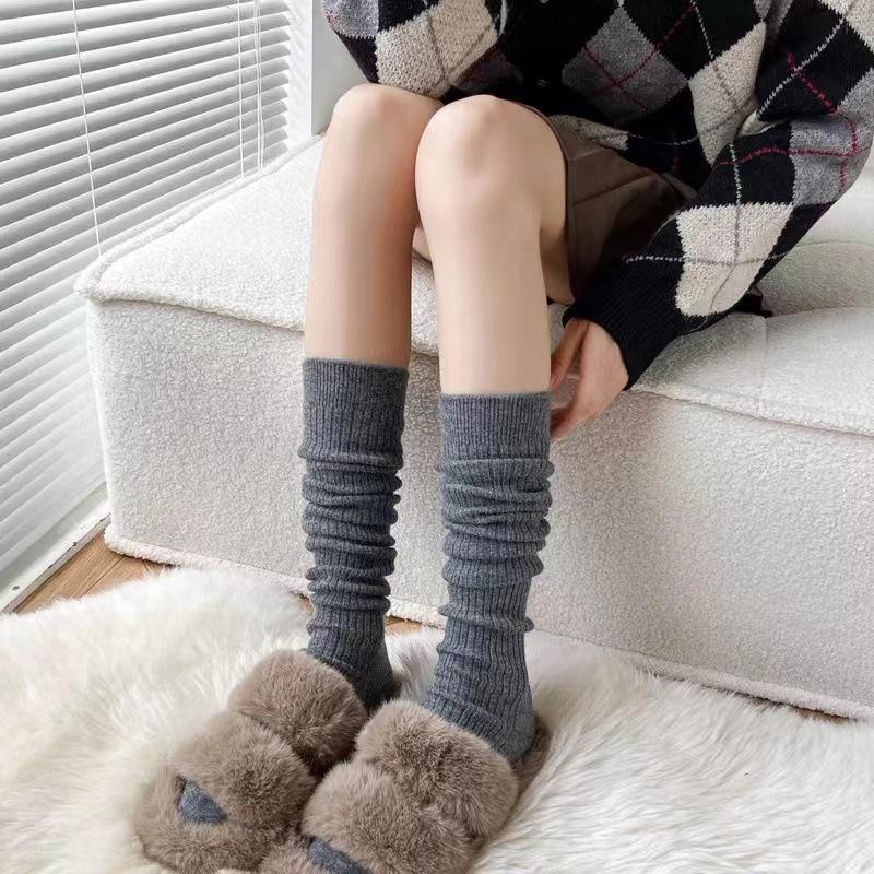 1Pair Autumn Winter Women Stockings Cotton Knitted Solid Color Calf Socks Warm Thigh High Stockings Ladies Girls Solid Knee Socks