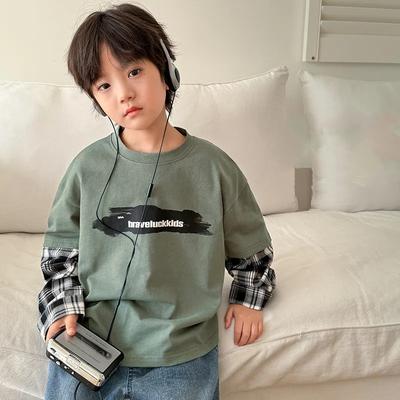 Vår & Höst Pojkars Långärmad Bomulls T-shirt - Stilfull Faux Tvådelad Design för Barn