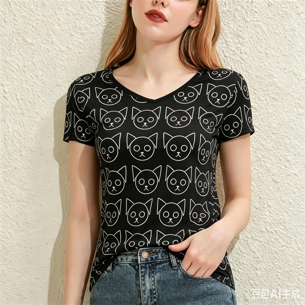 Cute Animal Pattern Women's T-Shirt Fashion V-neck Short Sleeve Tees Summer Loose Tops Daily Casual Comfortable Female Clothing