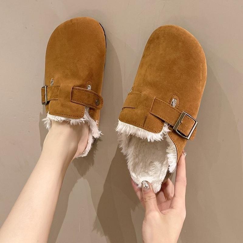 thick-soled plush shoes women's bag head half slippers wear new autumn and winter fashion retro thermal cotton slippers