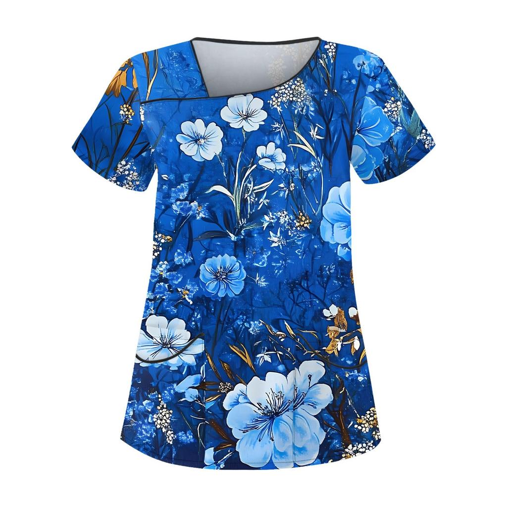 Blusa de trabajo informal con cuello inclinado, manga corta y estampado para mujer con bolsillos dobles
