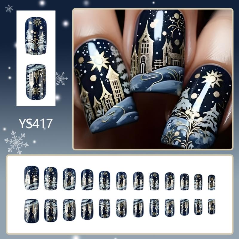 24Pcs Christmas Press on Nails False Nails Snowflake Designs Stick on Nails Full Cover Acrylic Nails for Women Nails Art