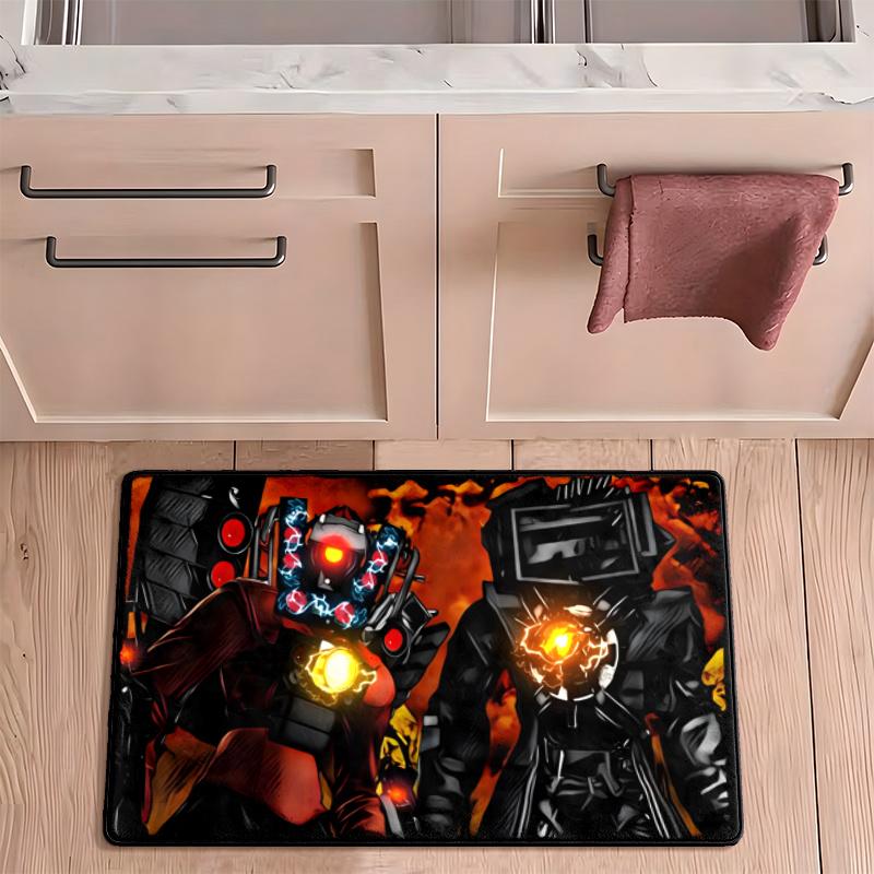 Skibidi Toilet Flannel Kitchen Floor Mat Absorbent Non-Slip Soft Standing Mat Washable Comfortable Kitchen Rug for Home Sink Laundry