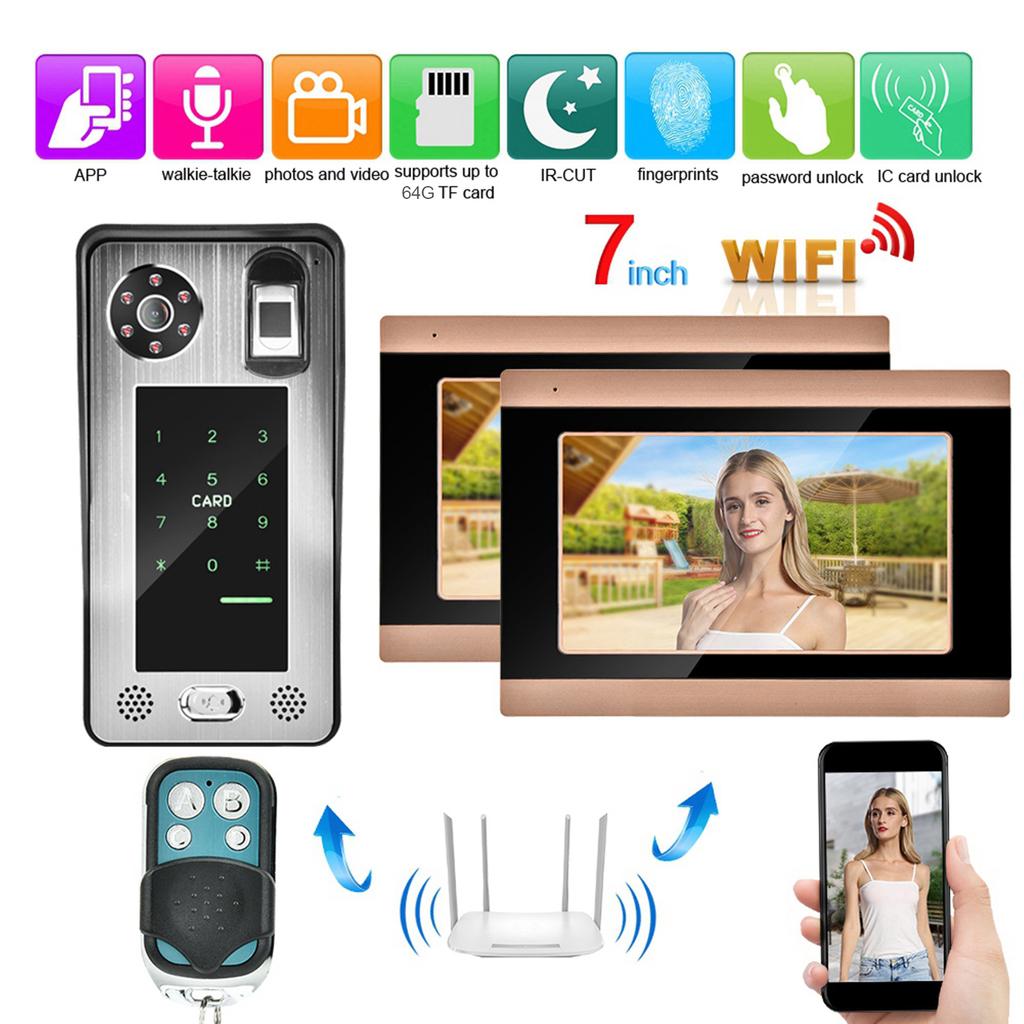 7inch WiFi Wired Video Doorbell APP Remote Video with 1 Camera 2 Monitors