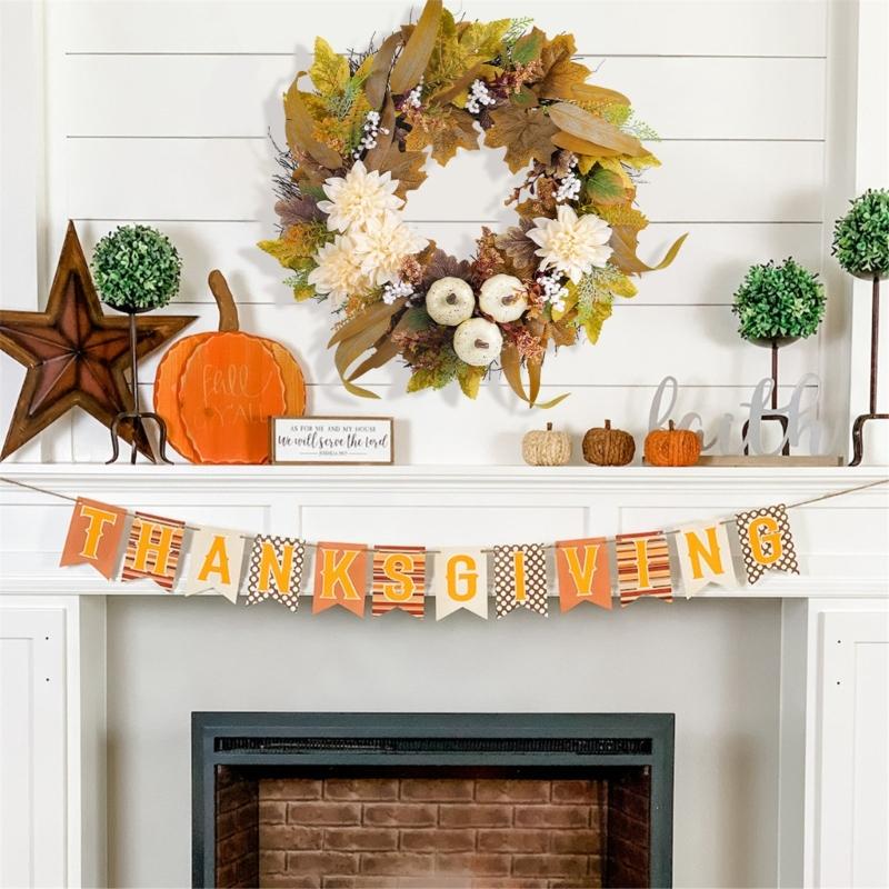 Artificial Wreath with Pumpkins , Autumn Wreath Harvest Day Wreath for Front Door Garden Thanksgiving Holiday Decoration